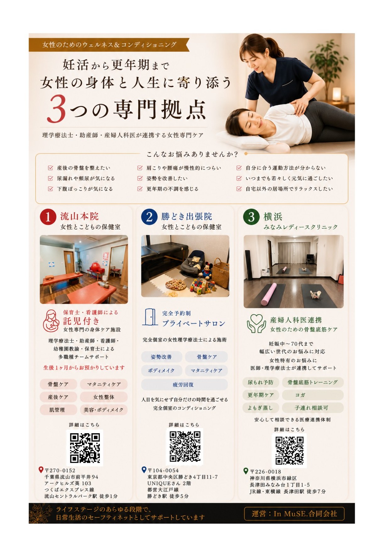 女性とこどもの保健室の3つの拠点。流山本院(託児付き)、勝どき出張院(完全予約制プライベートサロン)、横浜みなみレディースクリニック(産婦人科医連携)