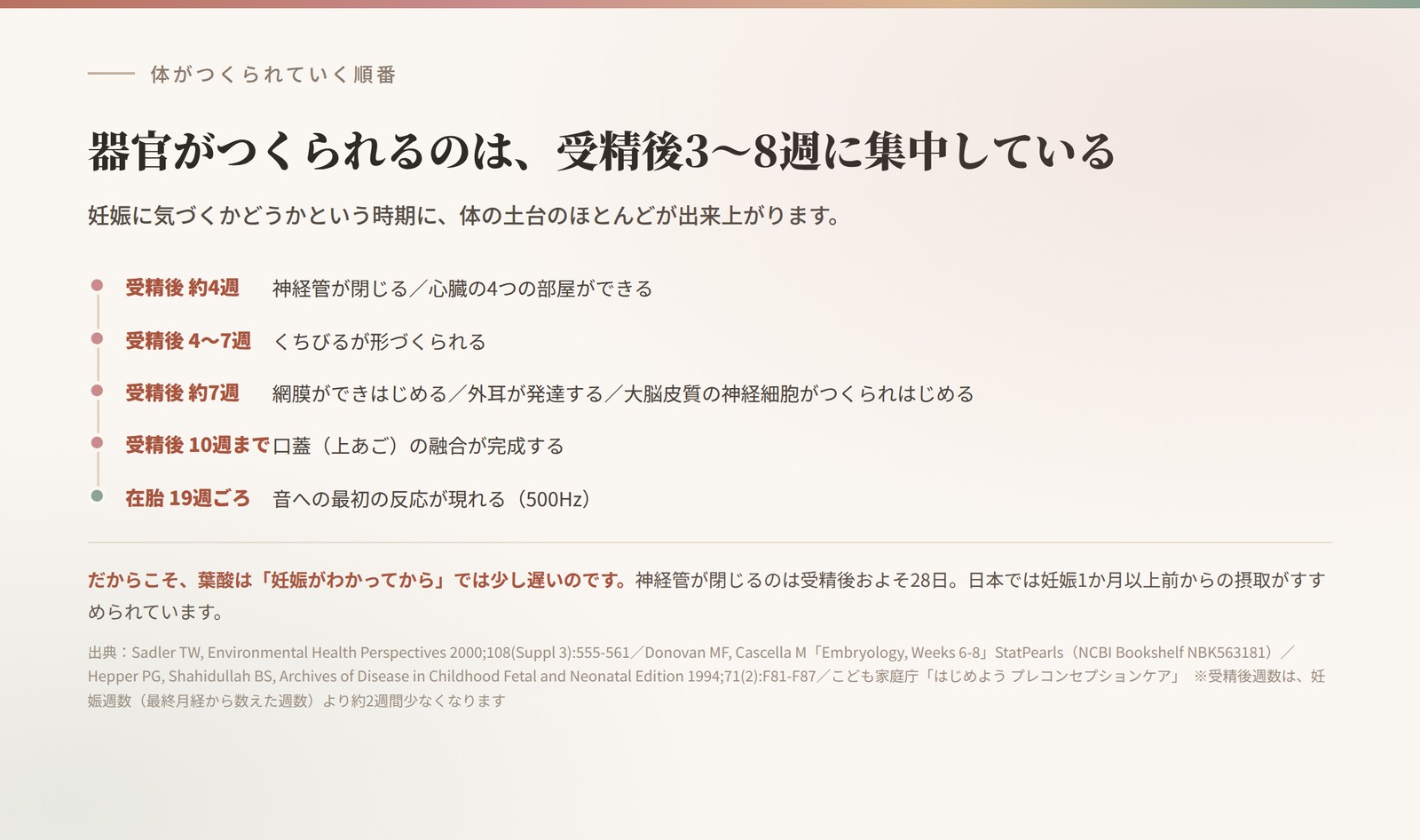 胎児の器官形成の時期。受精後4週で神経管が閉じ心臓の4つの部屋ができ、7週で網膜と外耳が発達、10週までに口蓋が融合する。